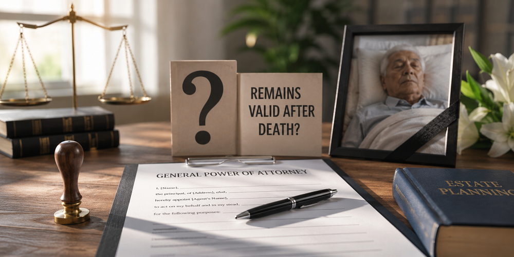 General Power of Attorney document on a legal desk beside a memorial photo, law books, and justice scales, representing questions about POA validity after the death of the principal.